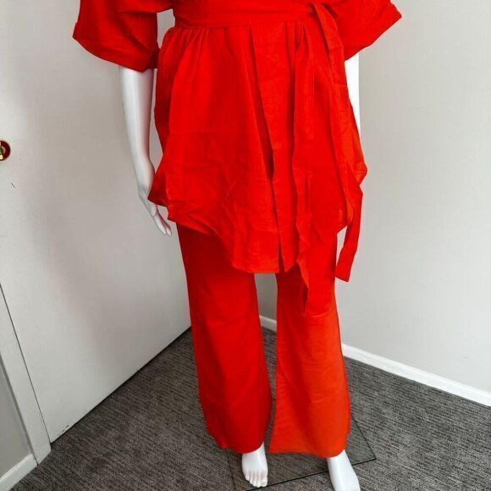 Commense Linen Cotton Orange Two-Piece Set Kimono-Style Top Wide-Leg Pant Outfit - Picture 14 of 16